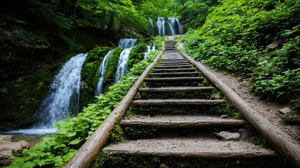 Obraz premium Wooden stairs lead through lush greenery to a scenic waterfall in a peaceful forest setting.