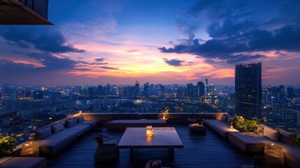 Stunning Rooftop Lounge Overlooking City Skyline at Dusk with Colorful Sunset and Urban Lights Glowing, Perfect for Relaxation and Social Gatherings