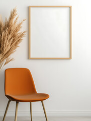 Modern interior setup with an orange chair, plant, and blank frame against a white wall. Perfect for visual marketing and design mockups.