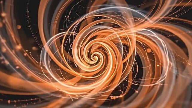abstract orange and white spirals intertwining, flowing gracefully with a sense of rhythm, glowing softly, bold black canvas underneath, sharp contrast, fascinating light dynamics high resolution