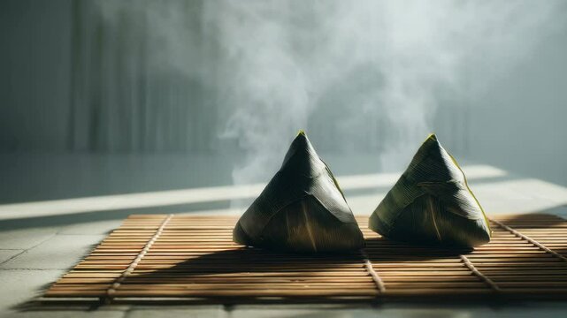 The steaming Dragon Boat Festival rice dumplings on the bamboo mat
