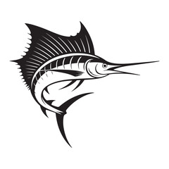 Striking black illustration of a stylized sailfish aquatic creature, Vector black silhouette. with white background