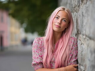 Fototapeta premium Young Caucasian woman in floral dress leaning against stone wall
