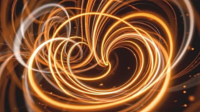 dynamic orange and white spiral paths spiraling in multiple directions, playful and energetic, striking black background enhancing luminosity, creative expression of light high resolution