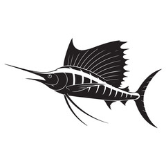 Striking black illustration of a stylized sailfish aquatic creature, Vector black silhouette. with white background