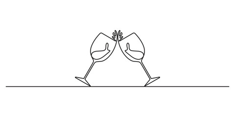 Two clinking champagne glasses single line design. Creative sparkling wine glass, continuous lines vector banner. Design for party, anniversary celebration, new year vector illustration