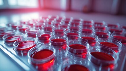 Close-up view of a 96-well plate containing blood samples