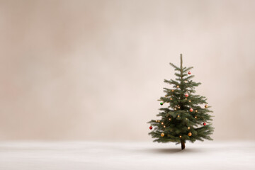 solitary christmas tree stands alone against plain background adorned with twinkling lights and colorful ornaments