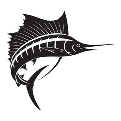 Striking black illustration of a stylized sailfish aquatic creature, Vector black silhouette. with white background