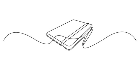 Fototapeta premium Continuous one line drawing of book and pen or pencil. Opened book single line art drawing illustration. Note book and pen drawing. Premium vector illustration