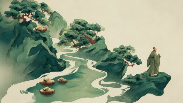 Ancient-style figures stand among the mountains and rivers