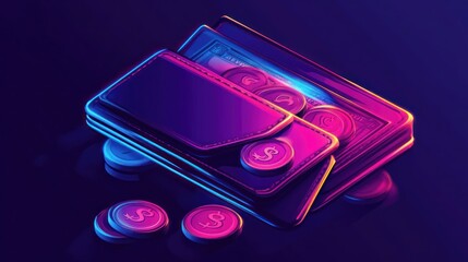 Neon Wallet with Cash and Coins: A vibrant digital illustration of a wallet overflowing with money, bathed in neon pink and blue light.