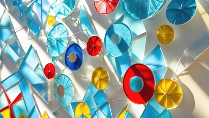 Geometric circles and shapes in a light blue, yellow, and red pattern. eye-catching mosaic banner. vibrant disks on a geometric background.