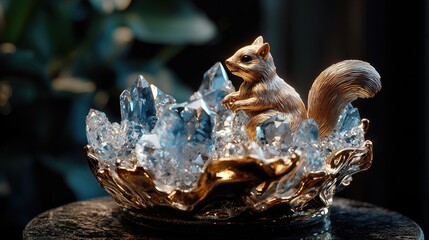 Exquisite squirrel figurine nestled within a cluster of crystals.