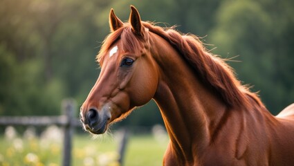 Obraz premium Image of a stunning chestnut Mare in the field, observing gracefully.