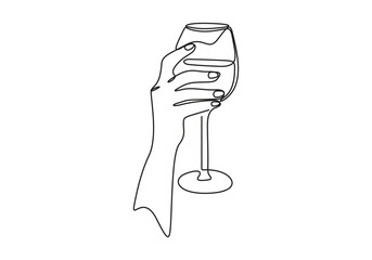 Hand drawn hands hold wine clinking glasses continuous one line drawing contour, Glass bottle with wine, port, alcohol. wine glass, Single line art drawing sketch, logo, hand with wine. Vector illustr
