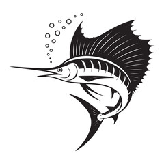 Striking black illustration of a stylized sailfish aquatic creature, Vector black silhouette. with white background