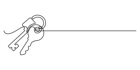 Continuous one line art drawing of a house with a key, Set of keys against white background, Single line art drawing symbol of house keys, Real estate line icon. Vector illustration