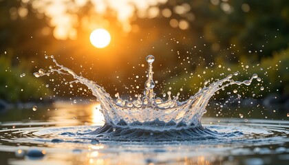 Stunning High-Speed Water Splash Photography at Sunset with Golden Light and Nature Background.