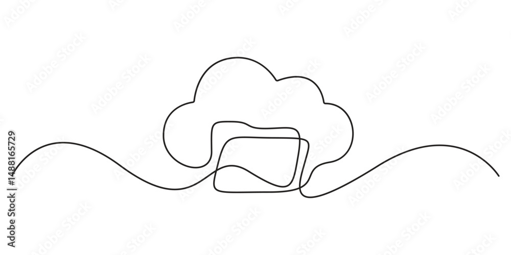 Poster continuous single line drawing of cloud storage silhouette. one line art cloud storage. cloud comput