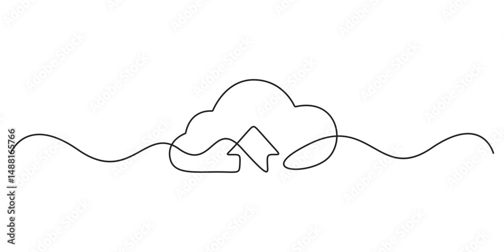 Poster continuous single line drawing of cloud storage silhouette. one line art cloud storage. cloud comput