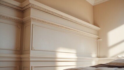 Fototapeta premium Bedroom wall adorned with crown molding and baseboard