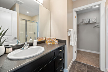 Bathroom with a sink, mirror, and a shower