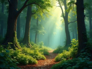 Obraz premium medicinal herbs and berries, traditional medicine Forest with a path through it. The path is surrounded by trees