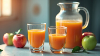 Fototapeta premium Fresh apple juice in a glass alongside red apples