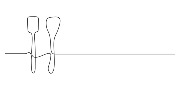 Kitchen utensils continuous one line drawing. Kitchen spatula, ladle continuous single line vector illustration