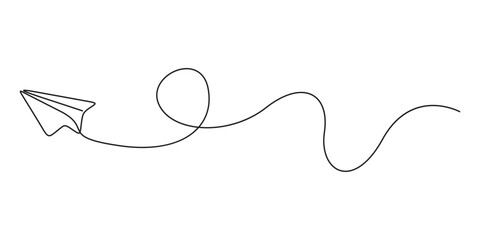 Paper plane continuous one line drawing. Single line art paper plane and minimalist style isolated outline vector illustration