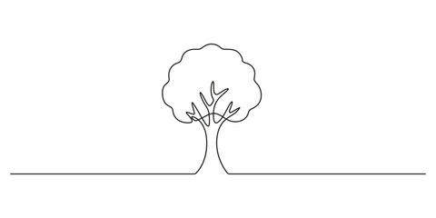 Tree plant single doodle outline vector forest environment. Continuous one line tree plant for eco, nature, garden logo design. Ecology green concept, background. Vector illustration 