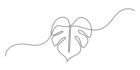 Monstera leaf continuous one line drawing and leaf icon isolated on white flat vector illustration, Single continuous line drawing monstera leaf vector illustration. Tropical leaf monoline design, min