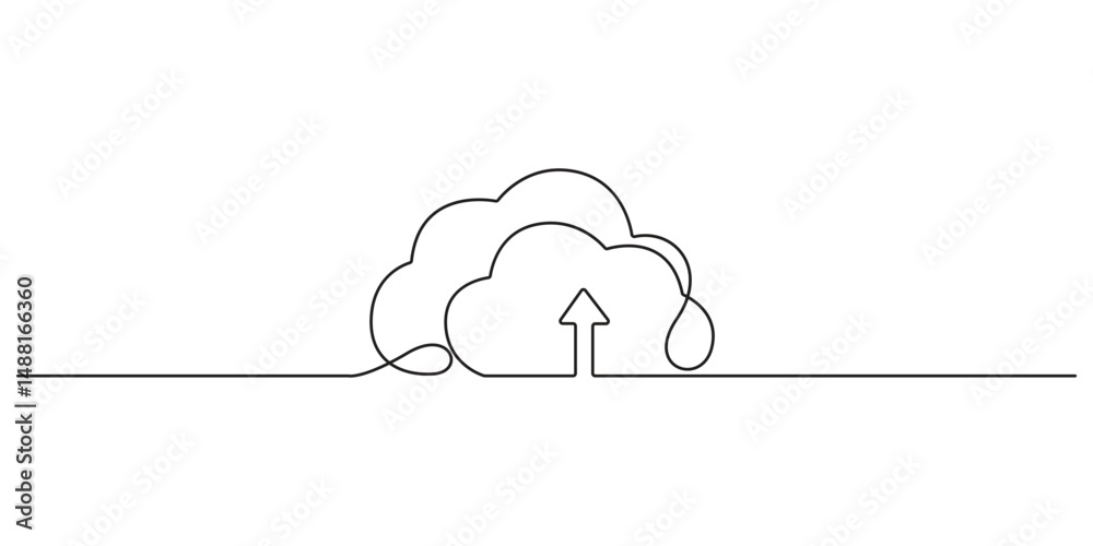 Poster continuous single line drawing of cloud storage silhouette. one line art cloud storage. cloud comput