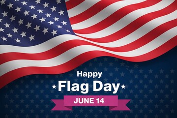 Fototapeta premium Waving american flag with happy flag day message and june fourteenth date display