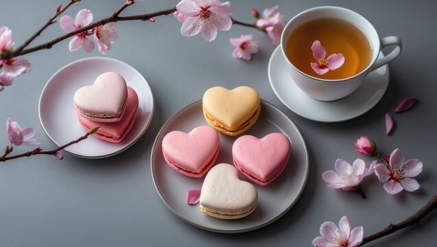 Heart-shaped macarons or macaroons served with tea and cherry blossom petals