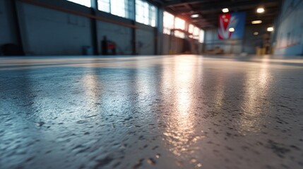 A factory epoxy texture background, shot from above, A china flag hanging in the back on a wall. inspired by factory floors, glossy finish, soft lighting