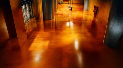 A factory epoxy texture background, shot from above, A china flag hanging in the back on a wall. inspired by factory floors, glossy finish, soft lighting