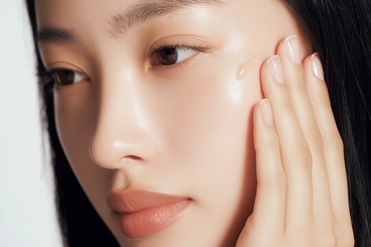 Close-up of a young woman applying skincare, showcasing healthy, glowing skin.