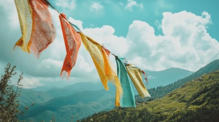 Serene Mountain Vista with Colorful Prayer Flags
