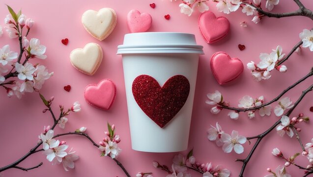 Paper cup of coffee or tea, heart-shaped macaron treats, spring white flower branches on a pink backdrop from above.
