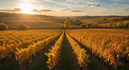 Golden autumn vineyard landscape at sunset