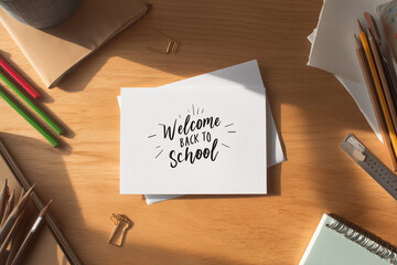 Welcome Back to School Mock Up Card with School Supplies on Desk