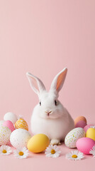 Obraz premium Cute white bunny surrounded by colorful Easter eggs