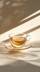 Obraz premium Transparent glass cup showcases golden tea against beige wall with dappled light softly