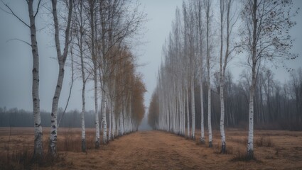 Peaceful setting showcasing bare birch trees amidst falling leaves