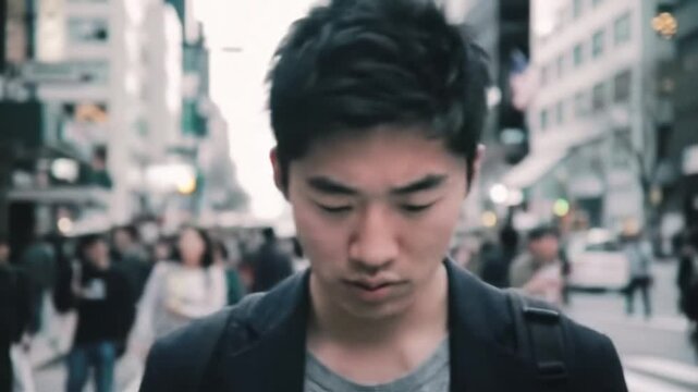 Footsteps echo through a busy urban street as individuals rush past, each lost in their own world.