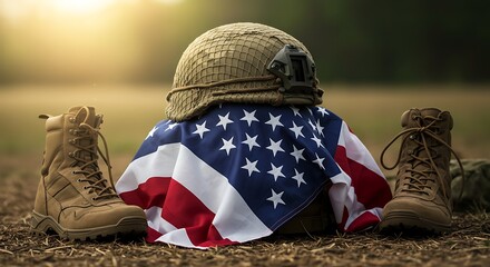 Memorial: Military Helmet & American Flag Draped with Boots on Field Soil in Sunlight, Patriotic Symbolism for Remembrance Day, Honoring Veterans' Service and Sacrifice