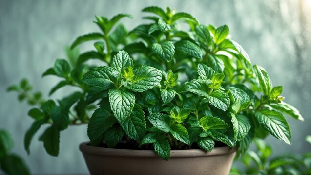 A healthy mint plant with bright green foliage in a simple pot, fragrant and lively