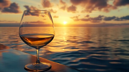 Elegant Glass of Wine by the Ocean at Sunset with Vibrant Colors